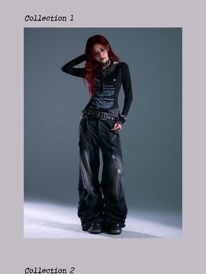 Frustration Garden Striped Rivet Tie Faux Asymmetrical Punk Women&