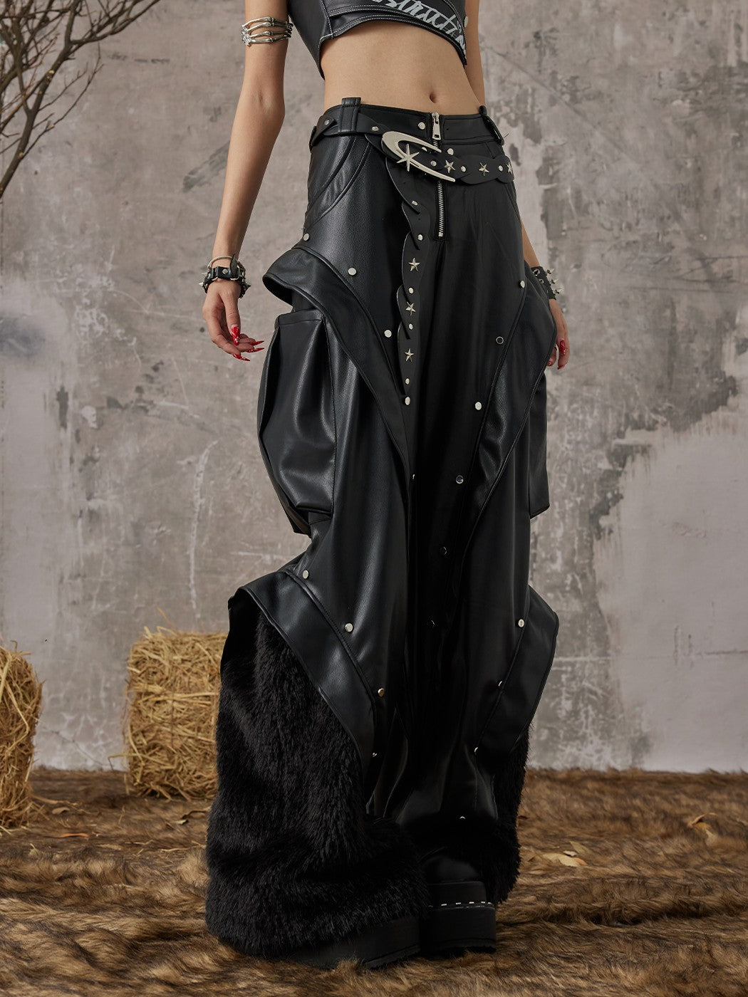 Frustration Garden Studded 3d Pocket Patchwork Wide Leg Pu Women&