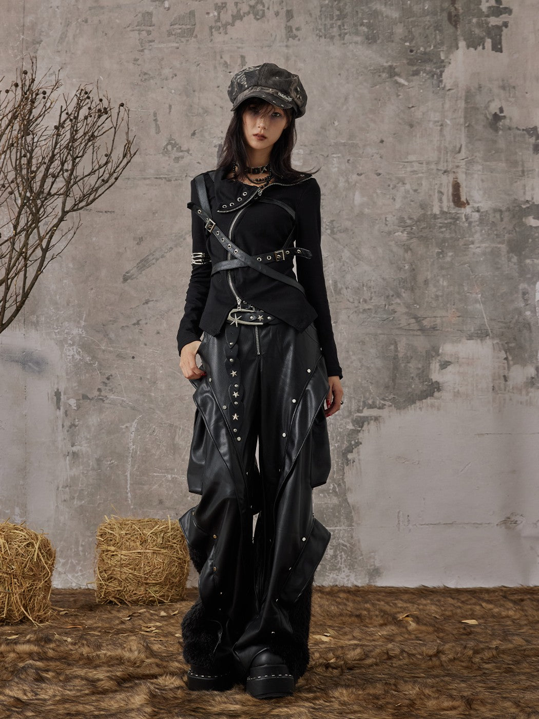Frustration Garden Studded 3d Pocket Patchwork Wide Leg Pu Women&