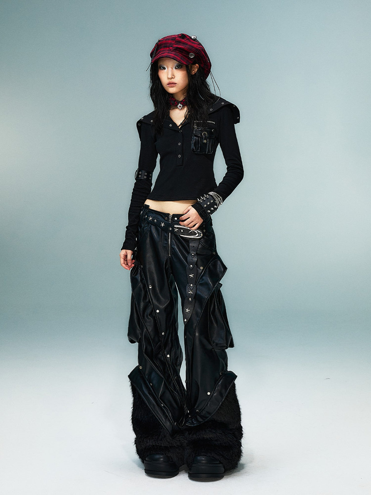 Frustration Garden Studded 3d Pocket Patchwork Wide Leg Pu Women&
