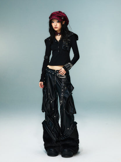 Frustration Garden Studded 3d Pocket Patchwork Wide Leg Pu Women&