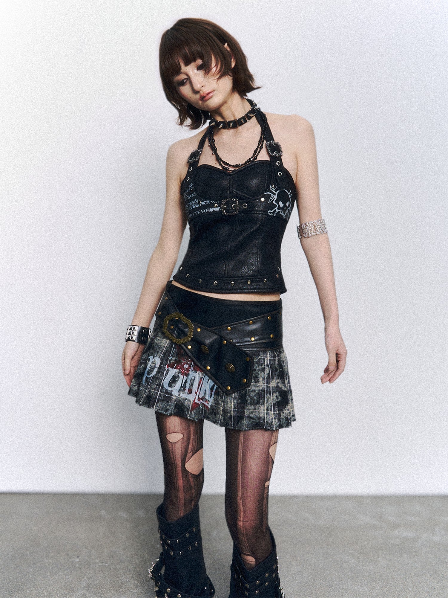 Frustration Garden Studded Skull Print Asymmetric Backless Zipper Women&
