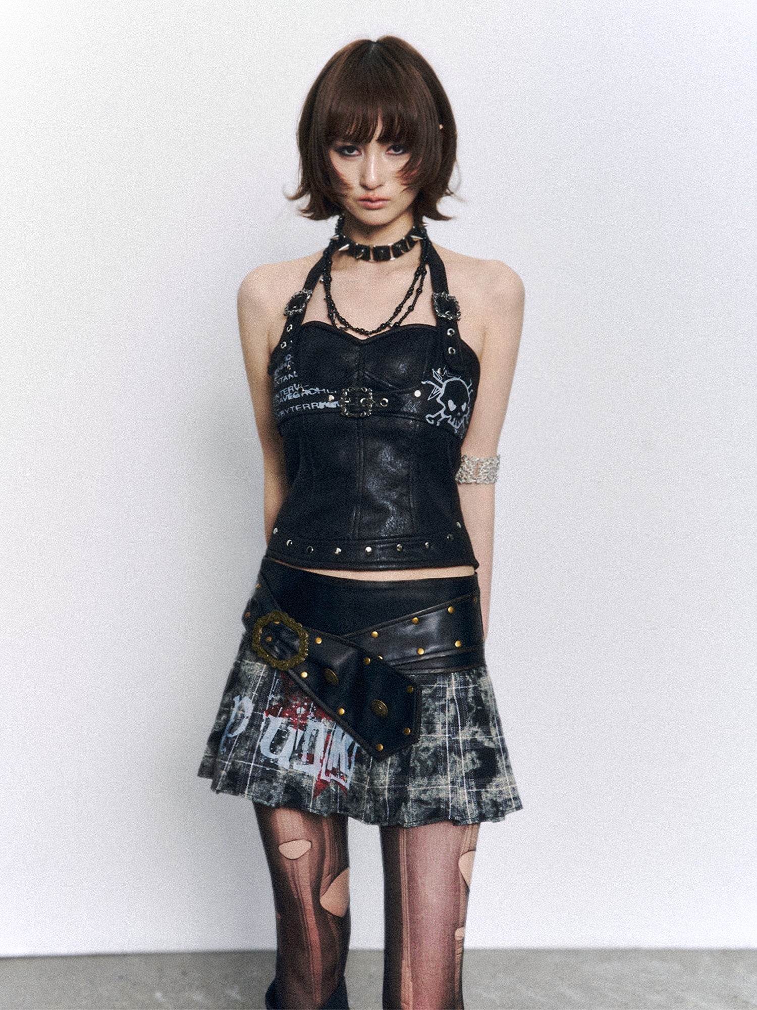 Frustration Garden Studded Skull Print Asymmetric Backless Zipper Women&
