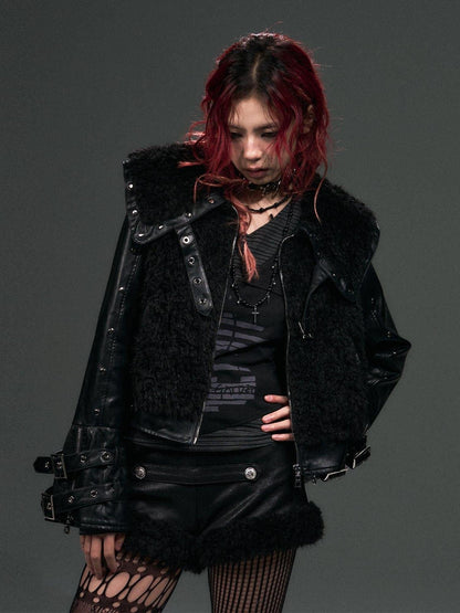 Frustration Garden Thick Pu Oversized Dark Gothic 3D Metal Fur Collar Womens Black Cropped Jacket