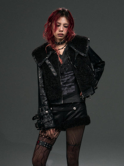 Frustration Garden Thick Pu Oversized Dark Gothic 3D Metal Fur Collar Womens Black Cropped Jacket