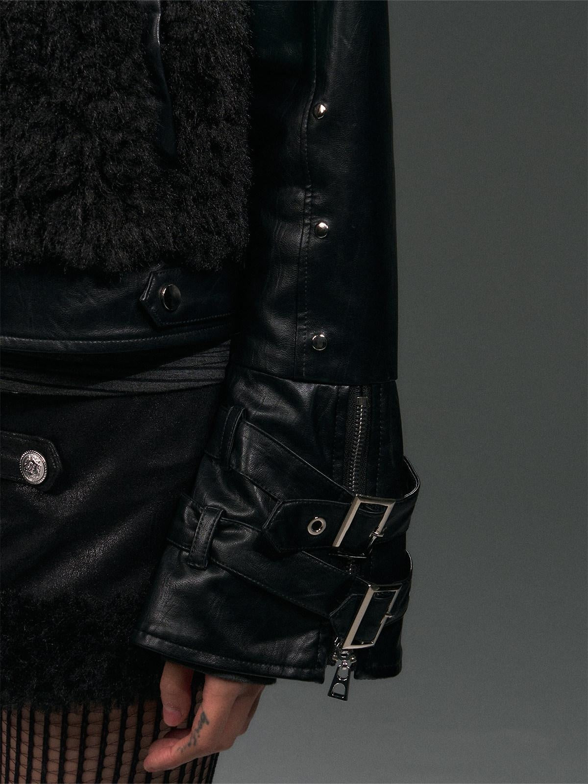 Frustration Garden Thick Pu Oversized Dark Gothic 3D Metal Fur Collar Womens Black Cropped Jacket