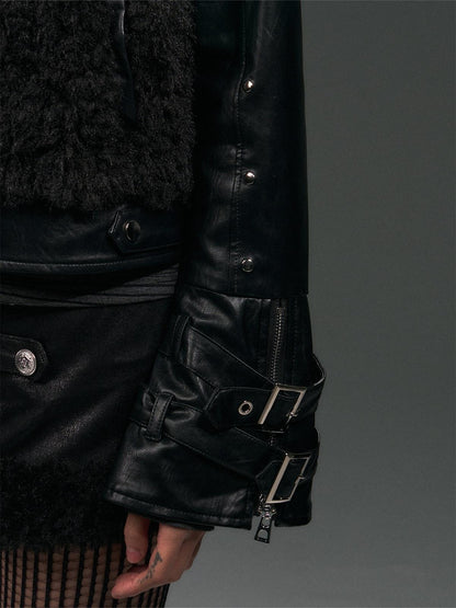 Frustration Garden Thick Pu Oversized Dark Gothic 3D Metal Fur Collar Womens Black Cropped Jacket
