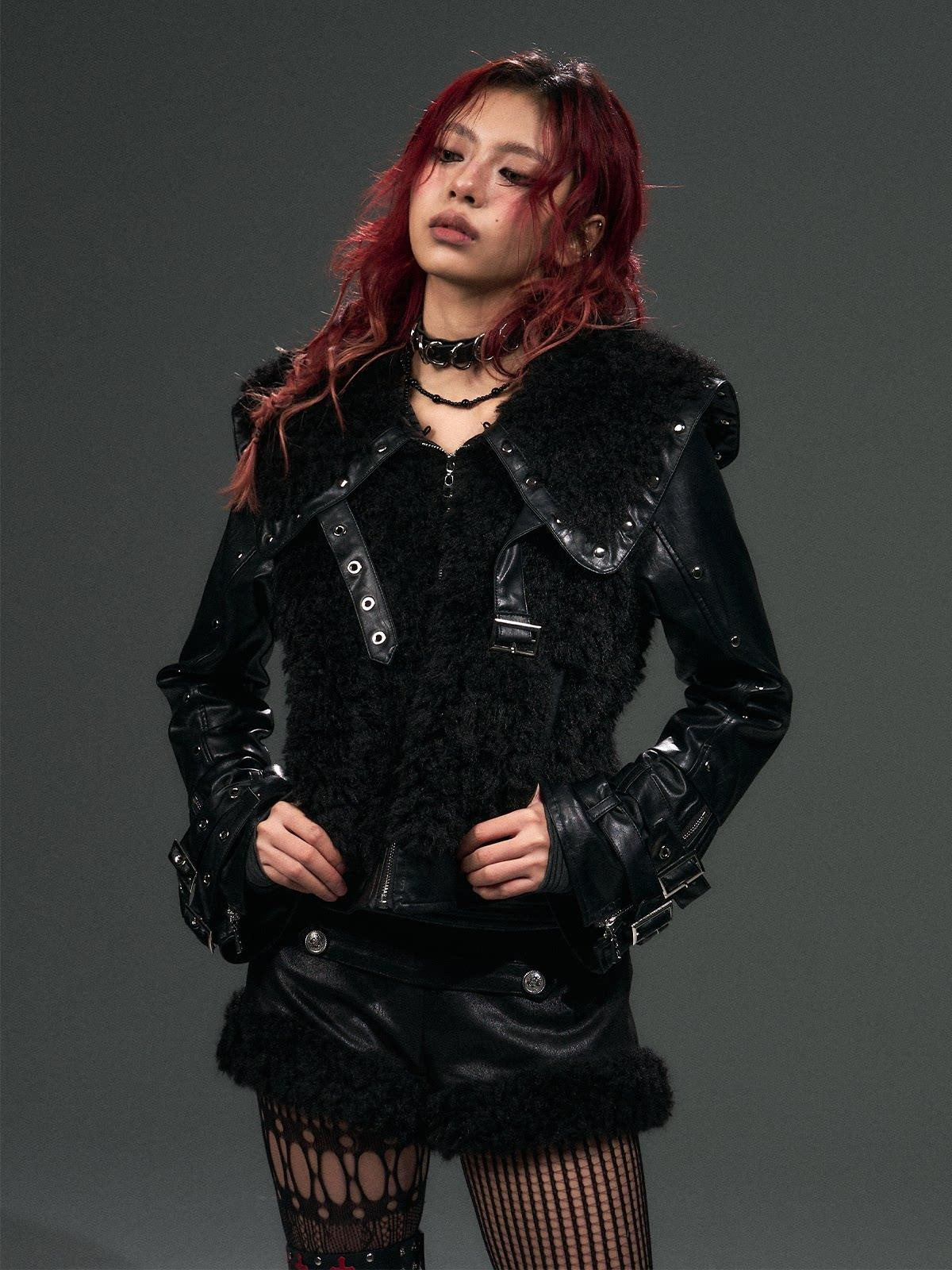 Frustration Garden Thick Pu Oversized Dark Gothic 3D Metal Fur Collar Womens Black Cropped Jacket