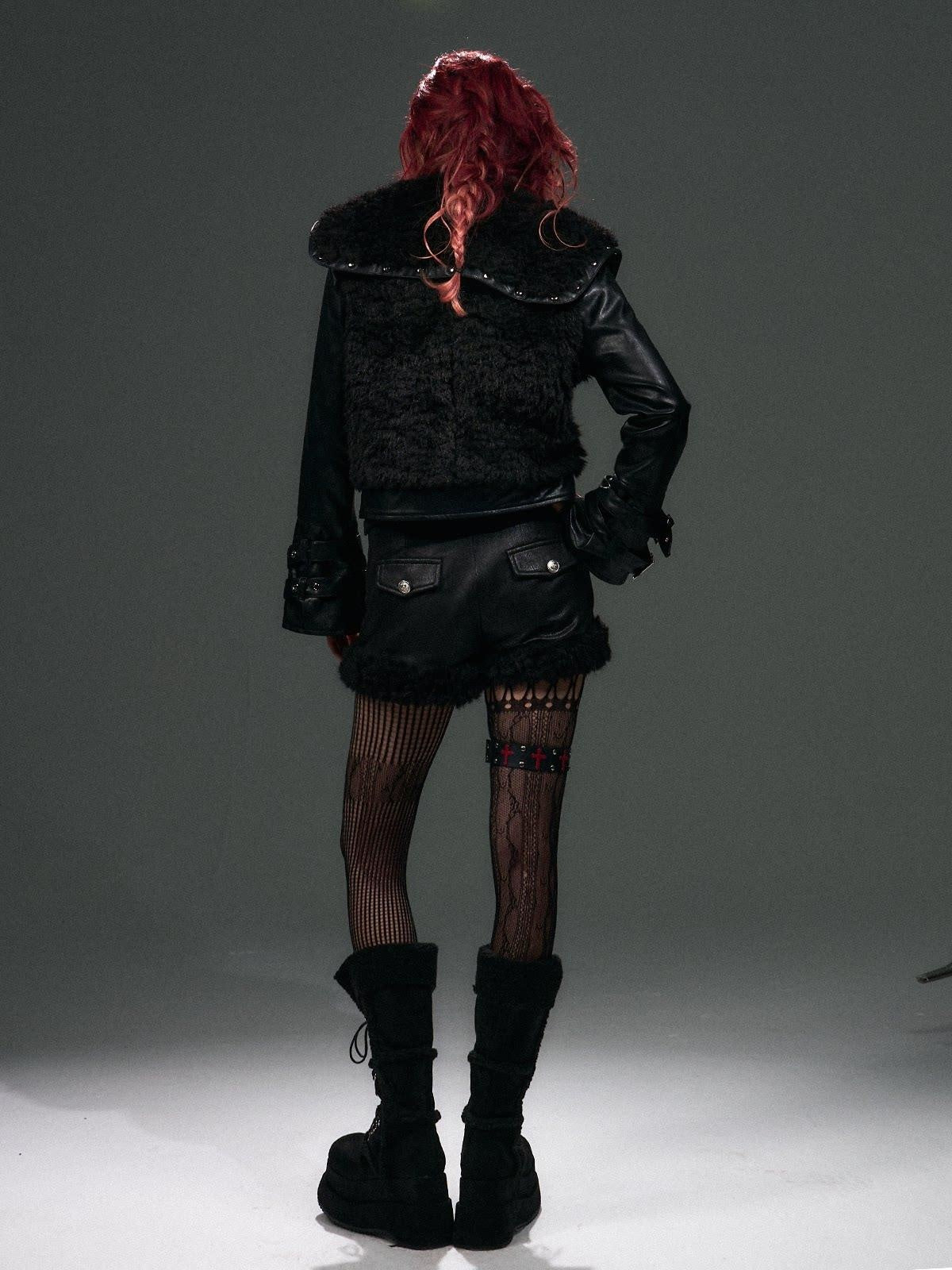 Frustration Garden Thick Pu Oversized Dark Gothic 3D Metal Fur Collar Womens Black Cropped Jacket