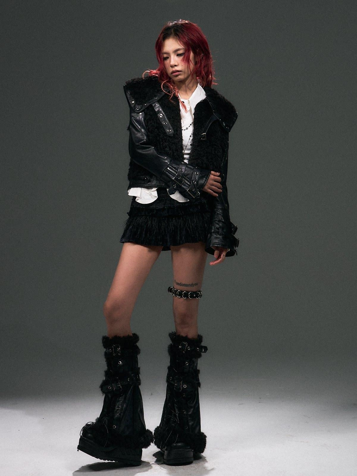 Frustration Garden Thick Pu Oversized Dark Gothic 3D Metal Fur Collar Womens Black Cropped Jacket