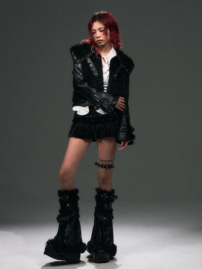 Frustration Garden Thick Pu Oversized Dark Gothic 3D Metal Fur Collar Womens Black Cropped Jacket