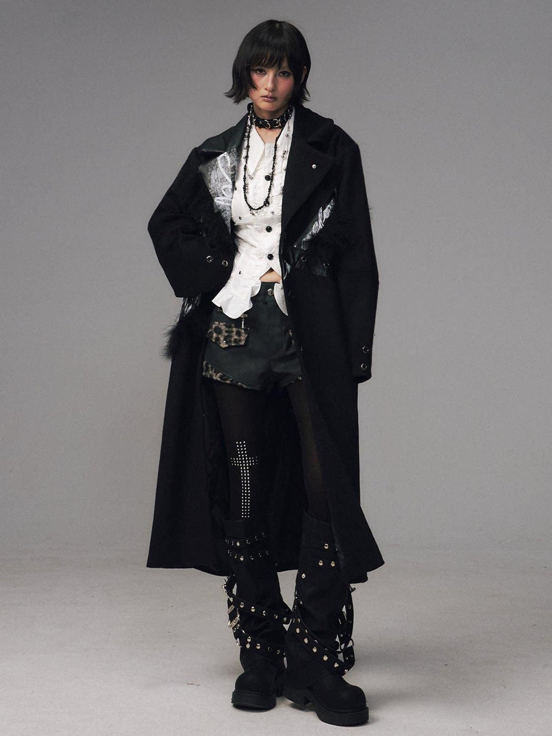 Frustration Garden Thick Wool Blend Oversized Punk Street Patchwork Button Long Black Coat