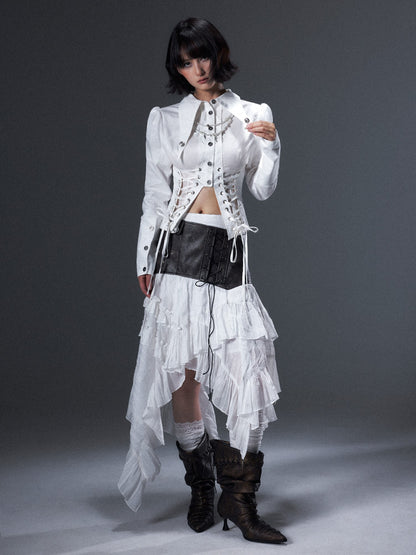 Frustration Garden Victorian Tie Waist Sheer Panel Buttoned Turn Down Collar Women&