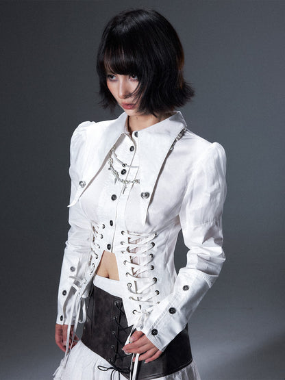 Frustration Garden Victorian Tie Waist Sheer Panel Buttoned Turn Down Collar Women&