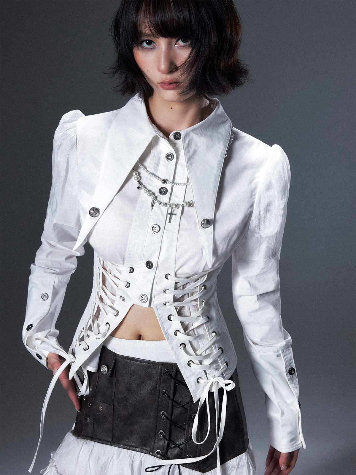 Frustration Garden Victorian Tie Waist Sheer Panel Buttoned Turn Down Collar Women&