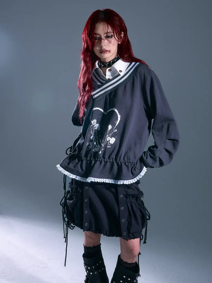 Frustration Garden Vintage Asymmetric Pullover With Lace And Print