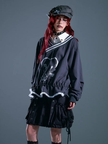 Frustration Garden Vintage Asymmetric Pullover With Lace And Print