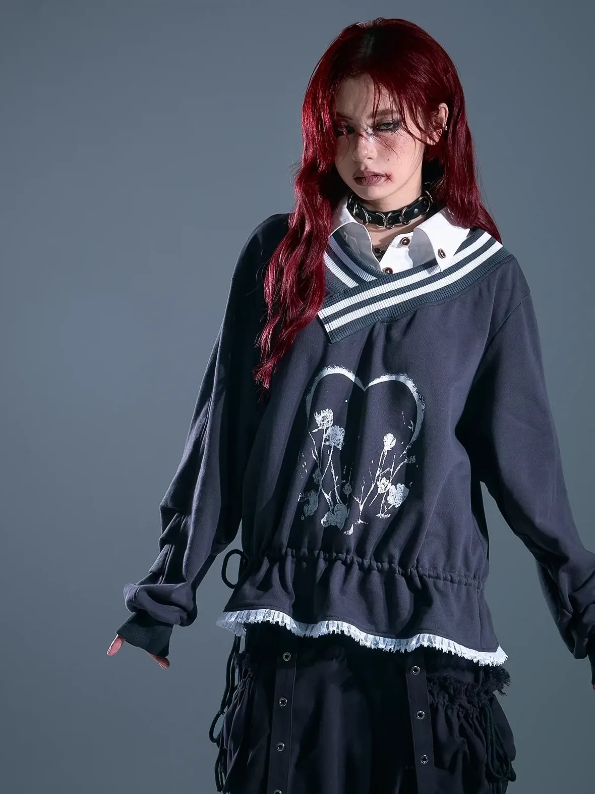 Frustration Garden Vintage Asymmetric Pullover With Lace And Print