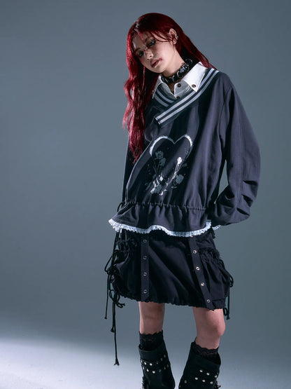 Frustration Garden Vintage Asymmetric Pullover With Lace And Print