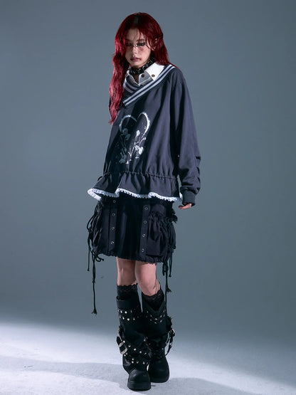 Frustration Garden Vintage Asymmetric Pullover With Lace And Print