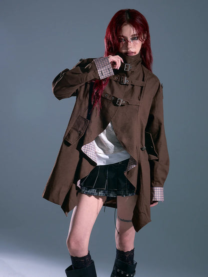 Vintage Checkered Wave Trim Trench Coat