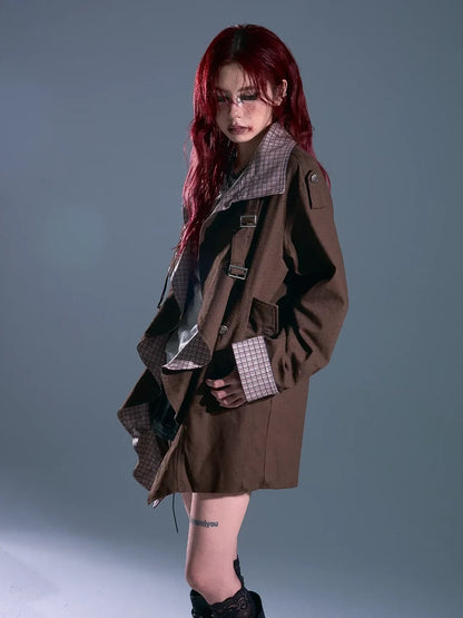 Vintage Checkered Wave Trim Trench Coat