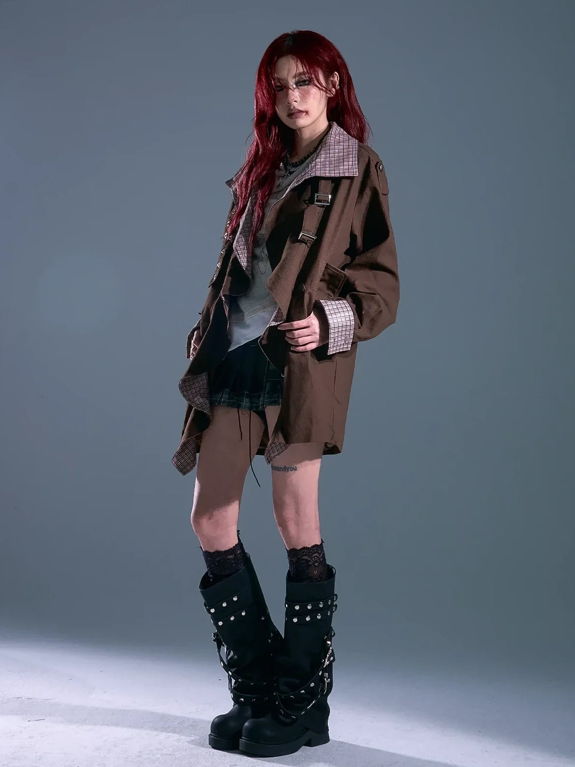 Vintage Checkered Wave Trim Trench Coat