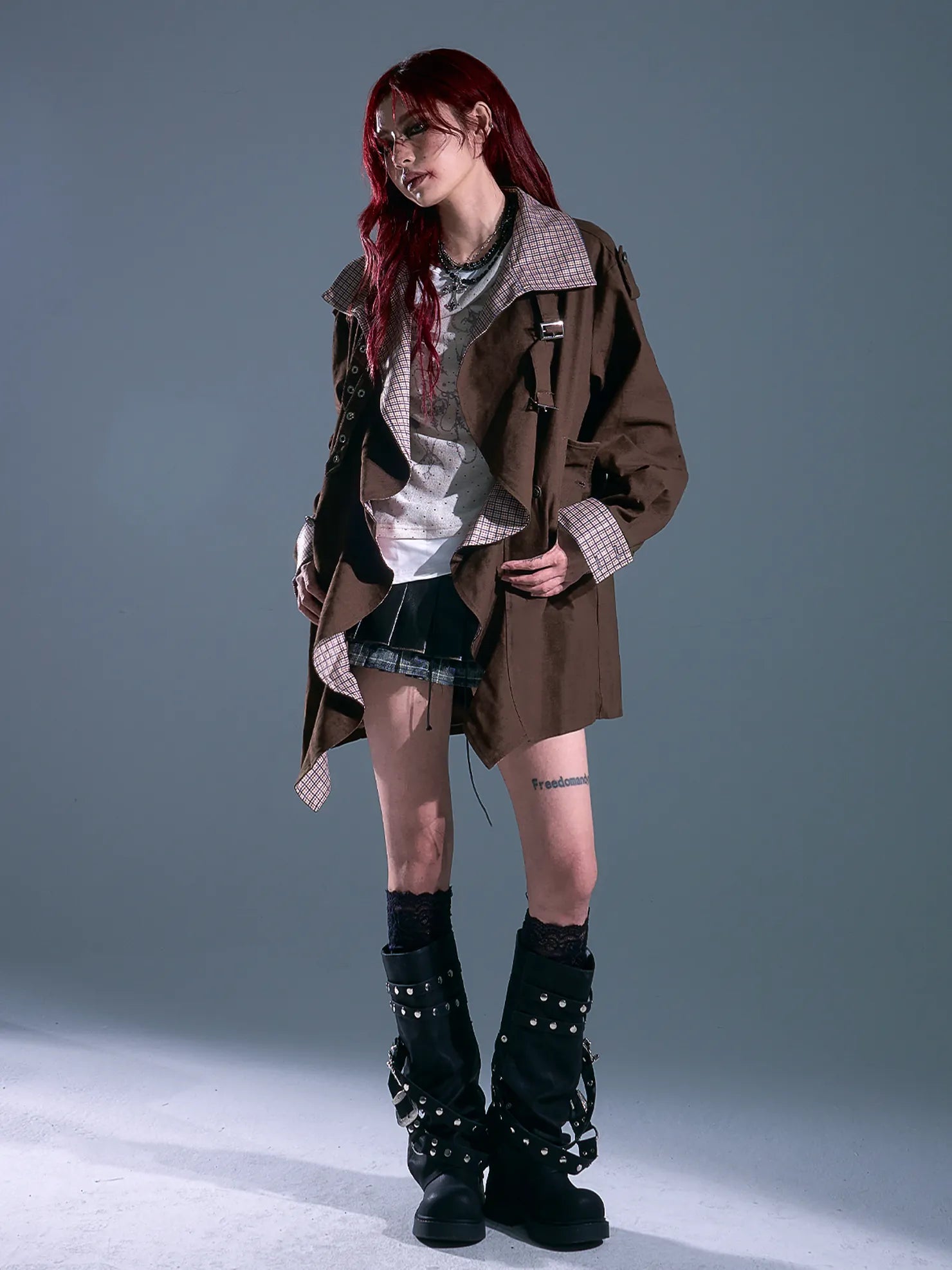 Vintage Checkered Wave Trim Trench Coat