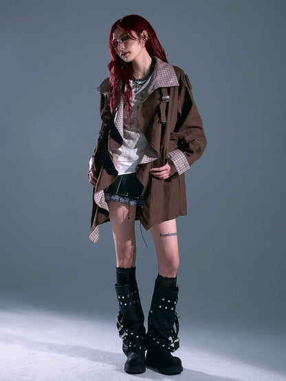 Vintage Checkered Wave Trim Trench Coat