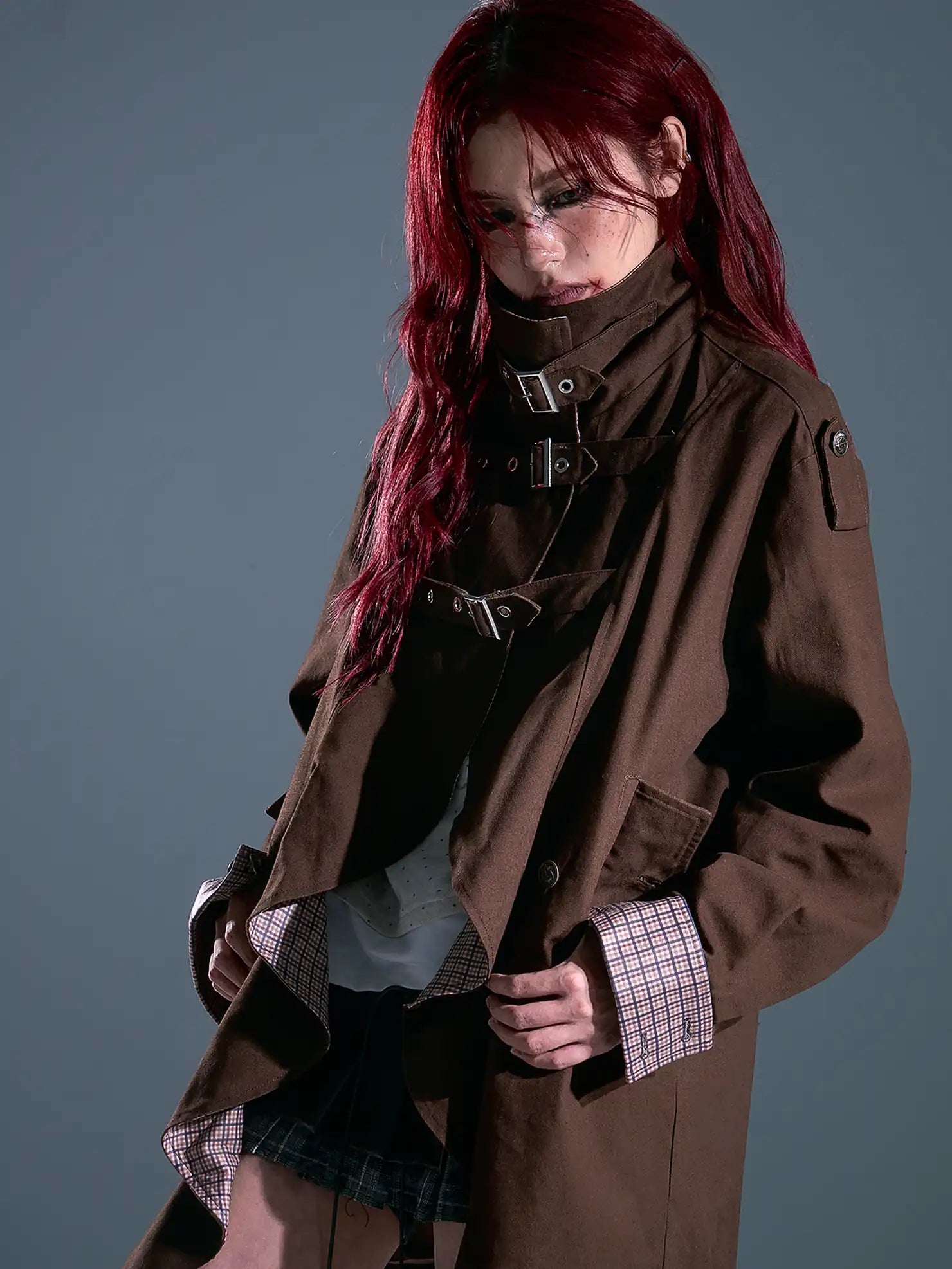 Vintage Checkered Wave Trim Trench Coat