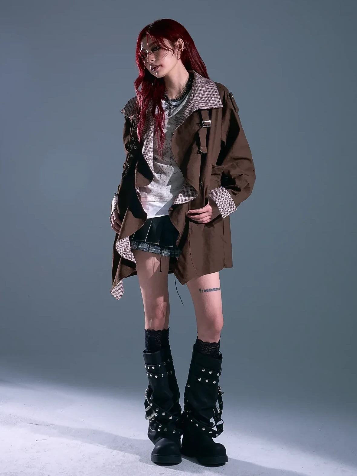 Vintage Checkered Wave Trim Trench Coat