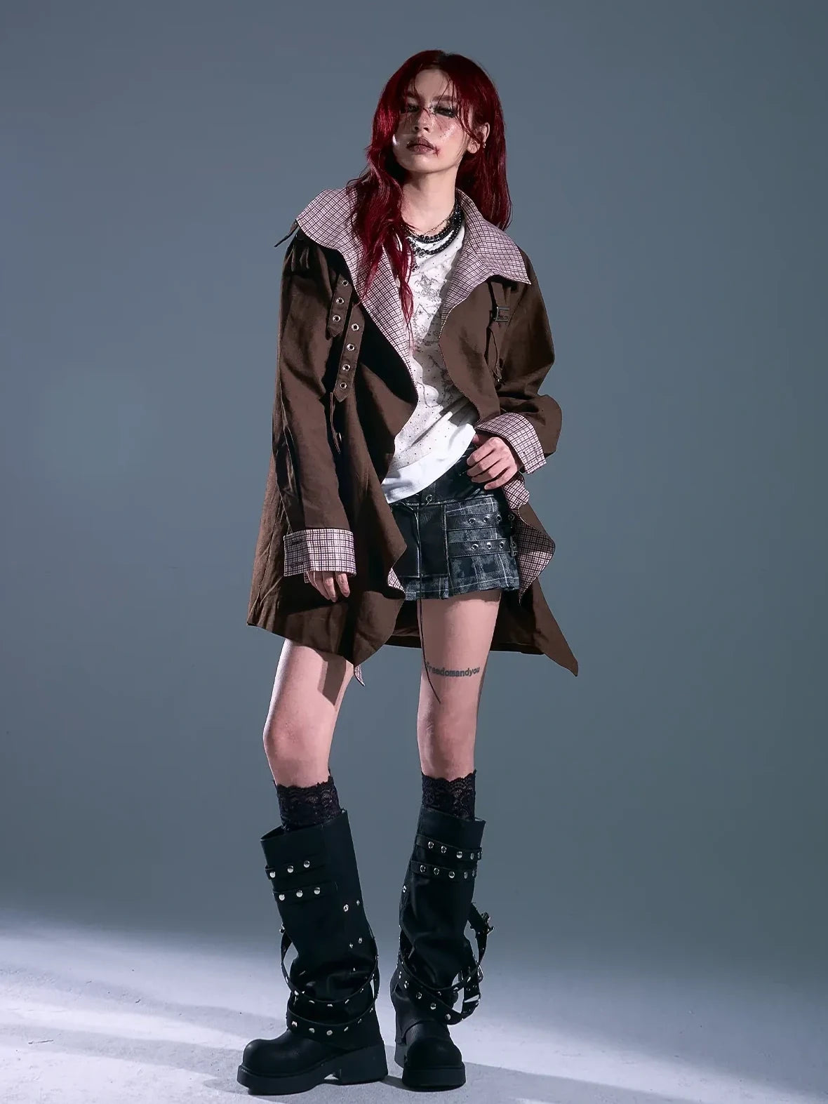 Vintage Checkered Wave Trim Trench Coat