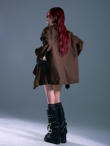 Vintage Checkered Wave Trim Trench Coat