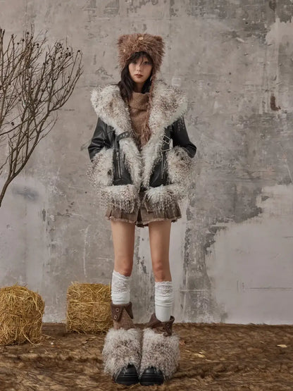 Frustration Garden Vintage Distressed Faux Fur Quilted Jacket