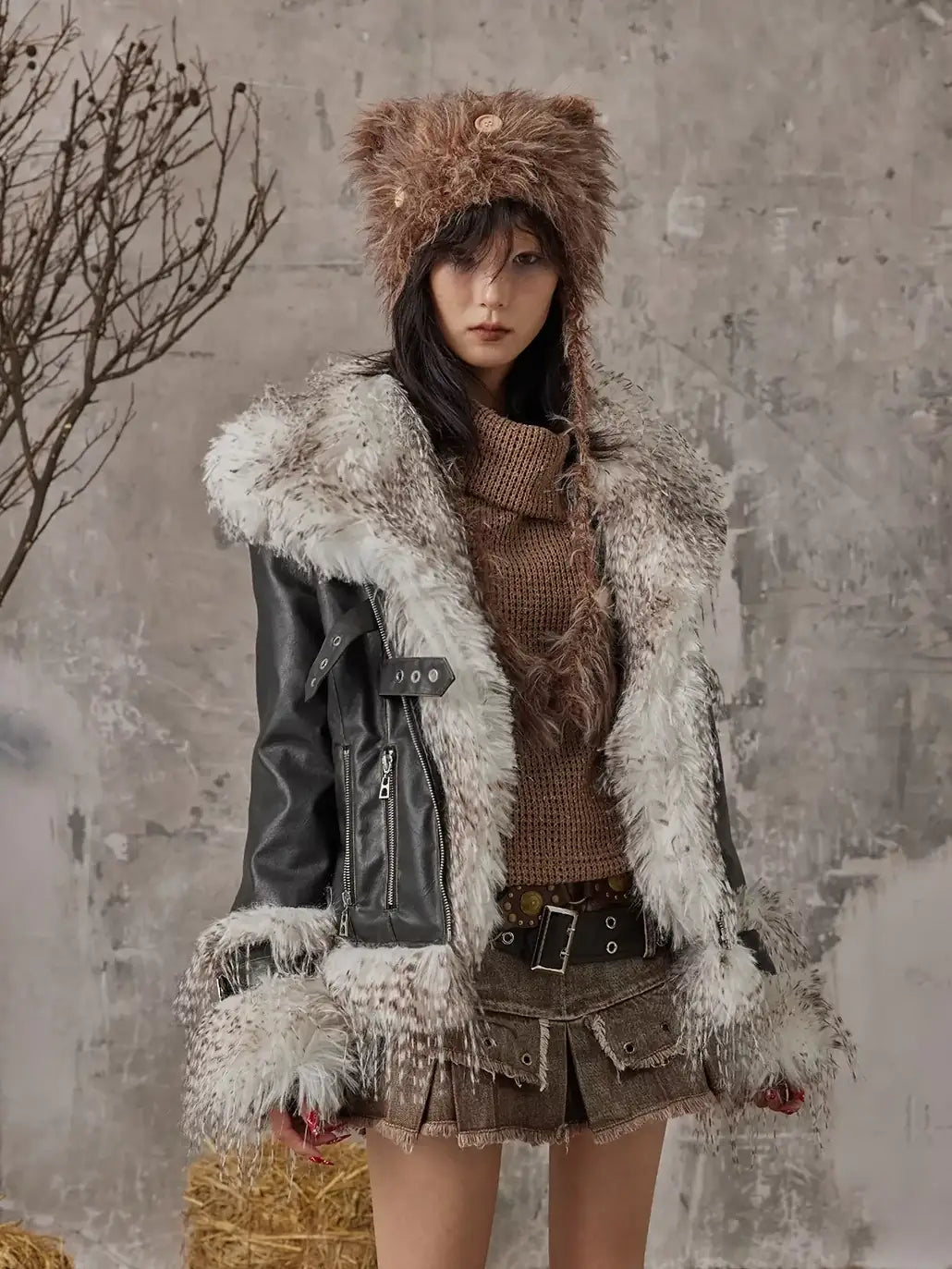 Frustration Garden Vintage Distressed Faux Fur Quilted Jacket