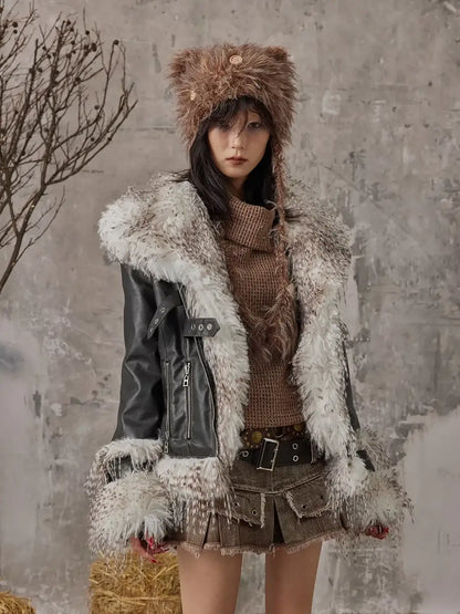 Frustration Garden Vintage Distressed Faux Fur Quilted Jacket