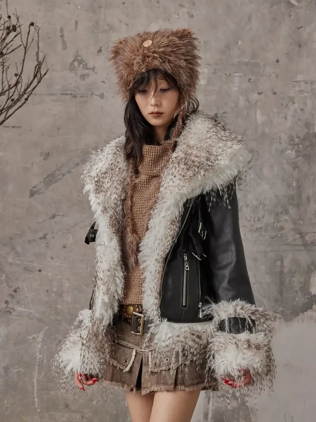 Frustration Garden Vintage Distressed Faux Fur Quilted Jacket