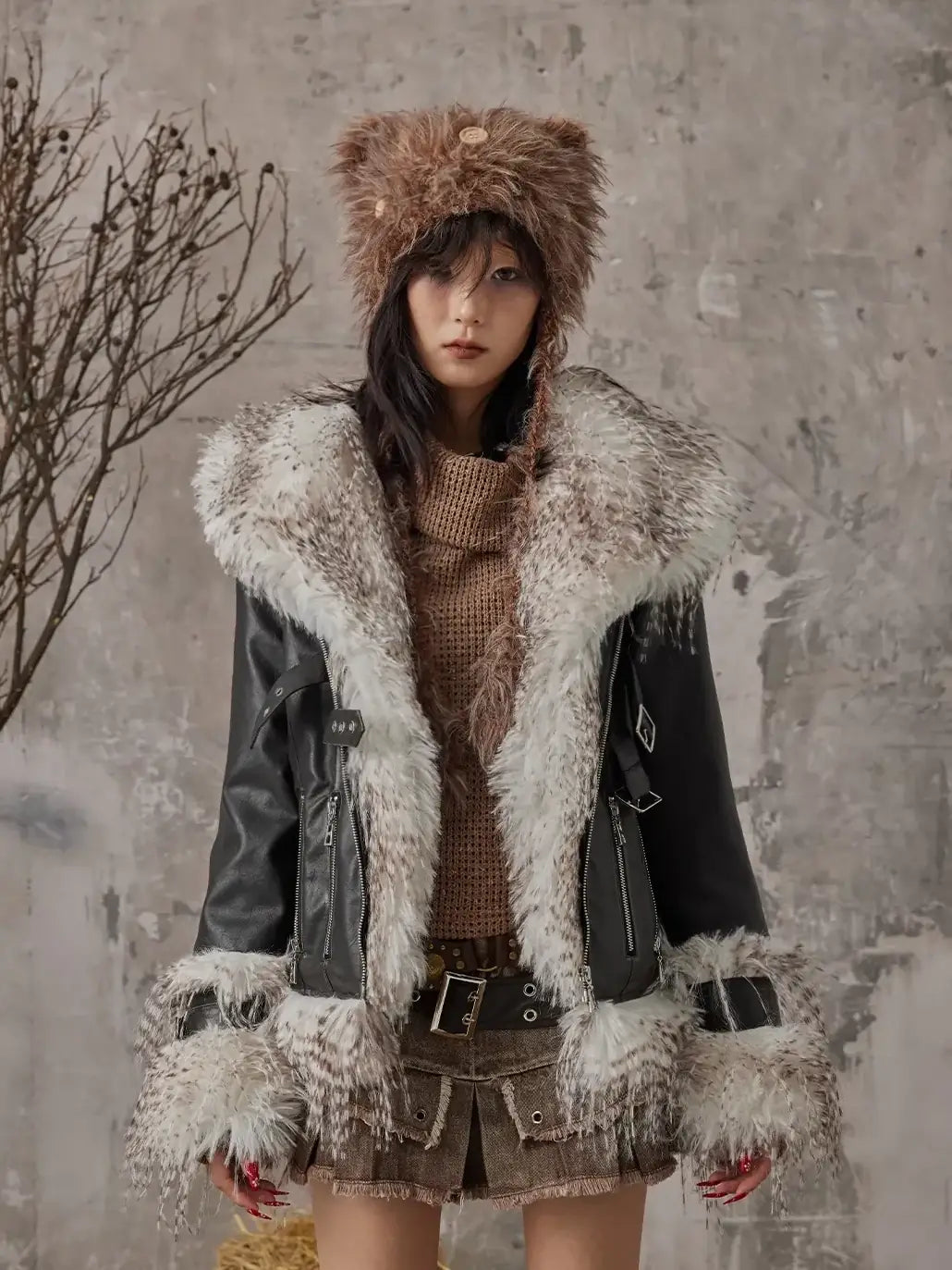 Frustration Garden Vintage Distressed Faux Fur Quilted Jacket