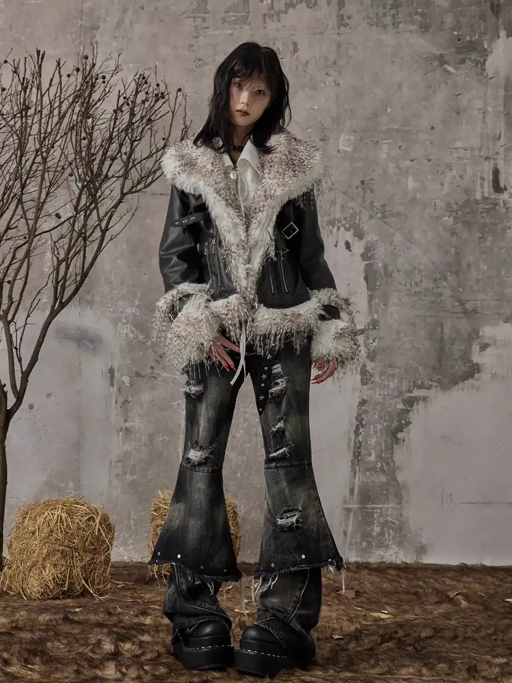 Frustration Garden Vintage Distressed Faux Fur Quilted Jacket