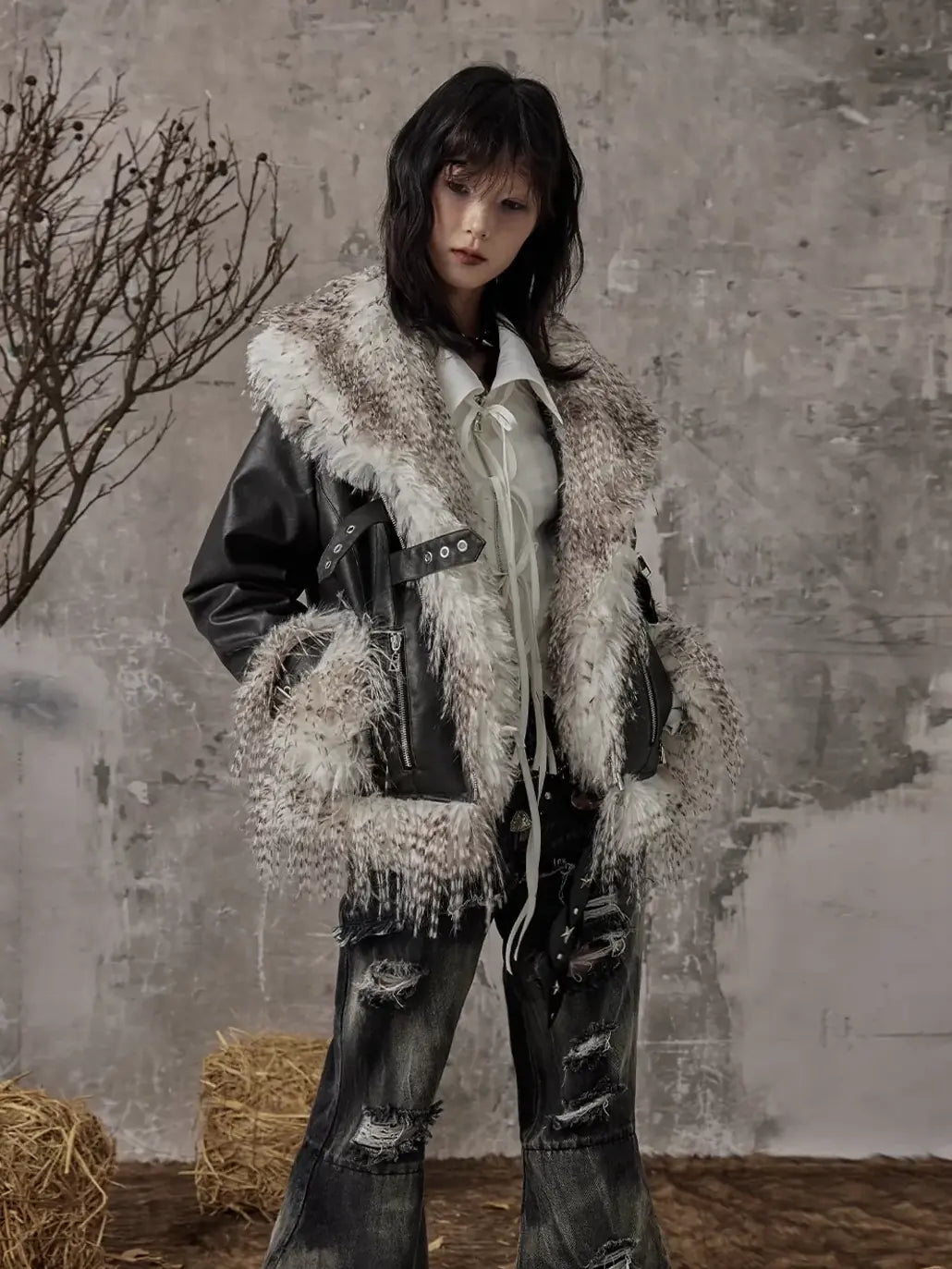 Frustration Garden Vintage Distressed Faux Fur Quilted Jacket