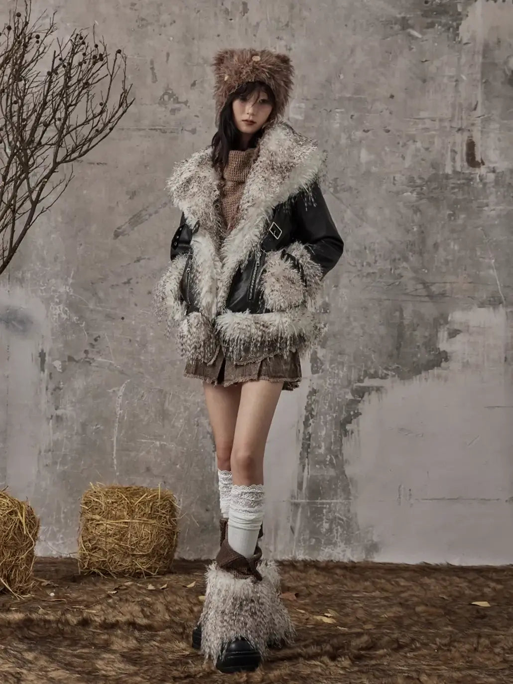 Frustration Garden Vintage Distressed Faux Fur Quilted Jacket