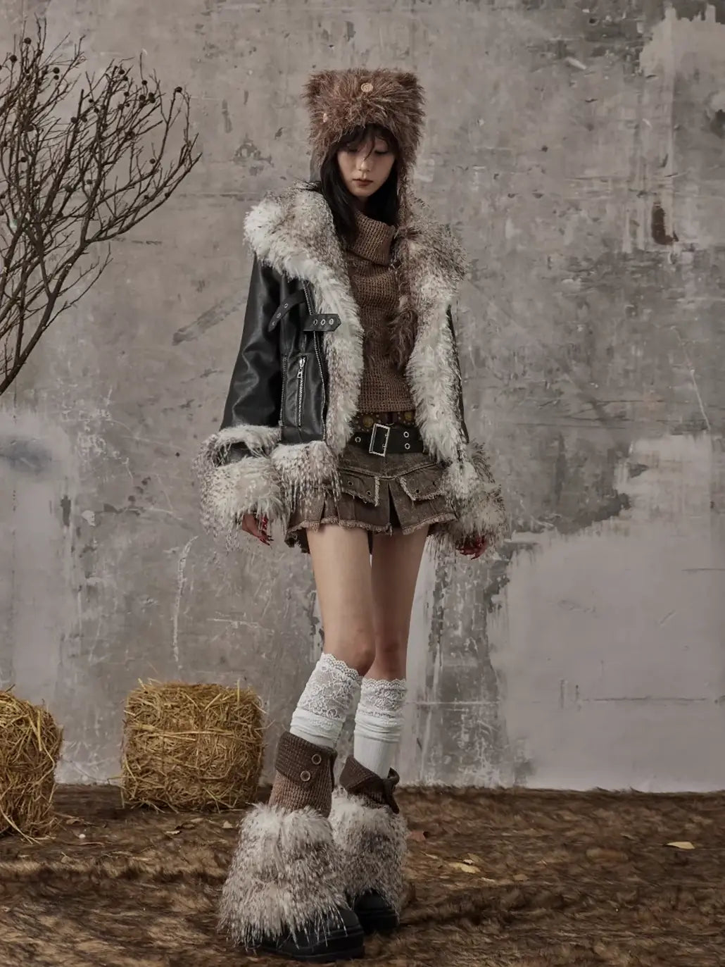 Frustration Garden Vintage Distressed Faux Fur Quilted Jacket