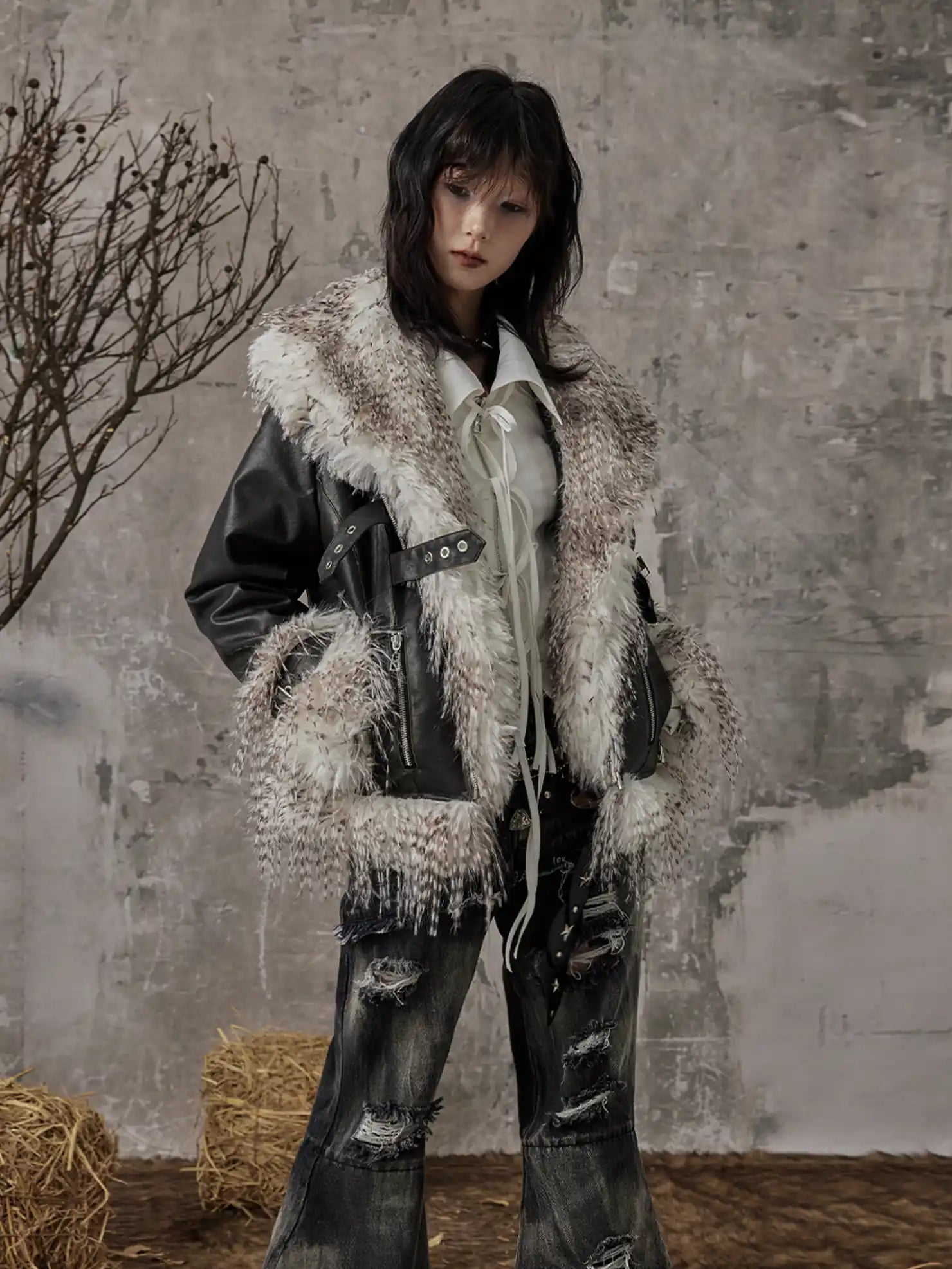 Frustration Garden Vintage Distressed Faux Fur Quilted Jacket