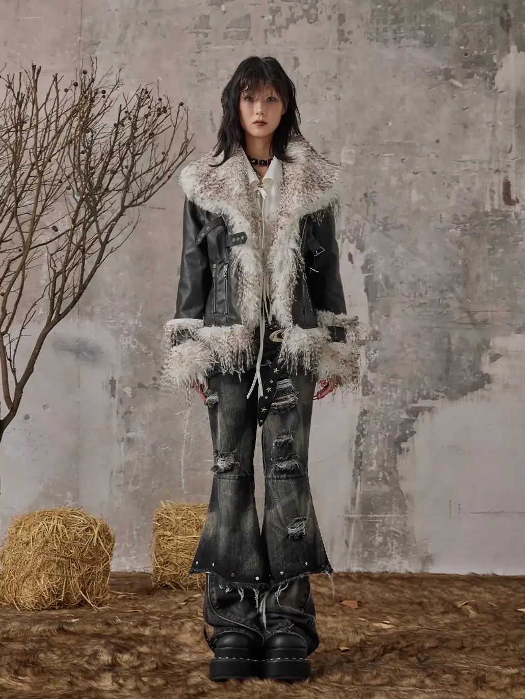 Frustration Garden Vintage Distressed Faux Fur Quilted Jacket