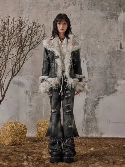 Frustration Garden Vintage Distressed Faux Fur Quilted Jacket