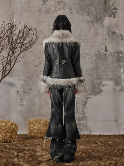 Frustration Garden Vintage Distressed Faux Fur Quilted Jacket