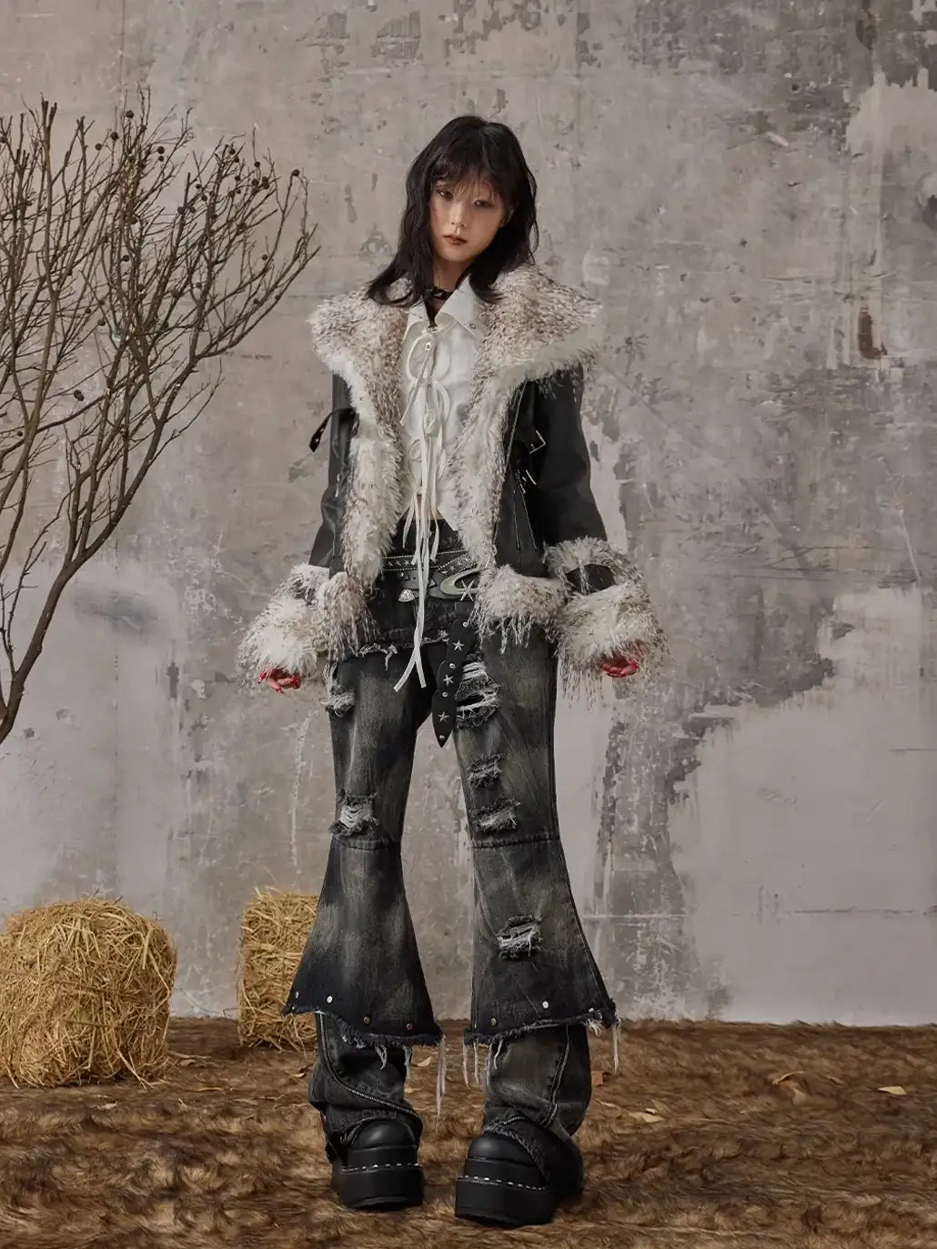 Frustration Garden Vintage Distressed Faux Fur Quilted Jacket