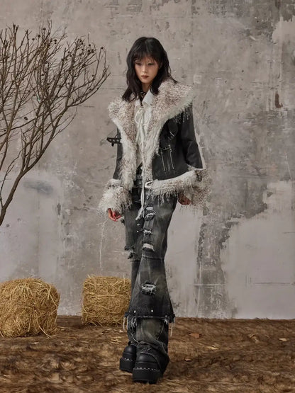 Frustration Garden Vintage Distressed Faux Fur Quilted Jacket