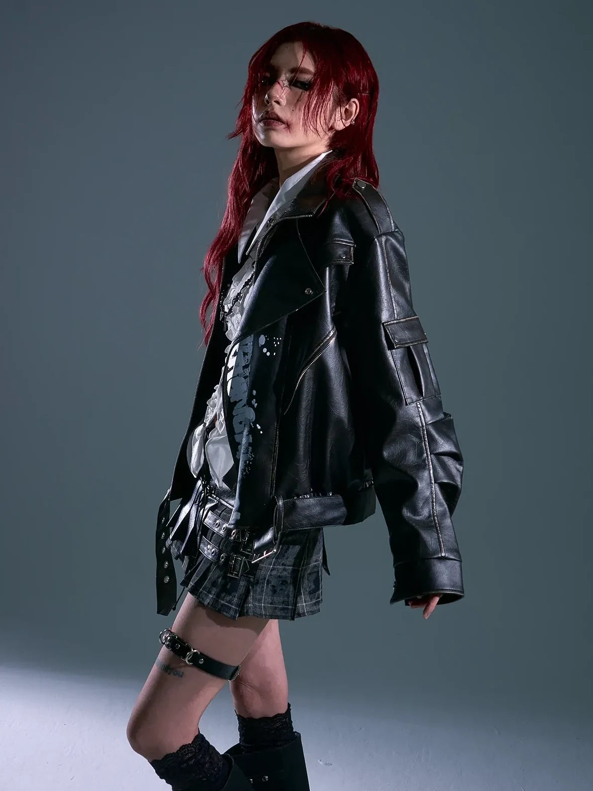 Frustration Garden Vintage Distressed Print Loose Fit Leather Jacket