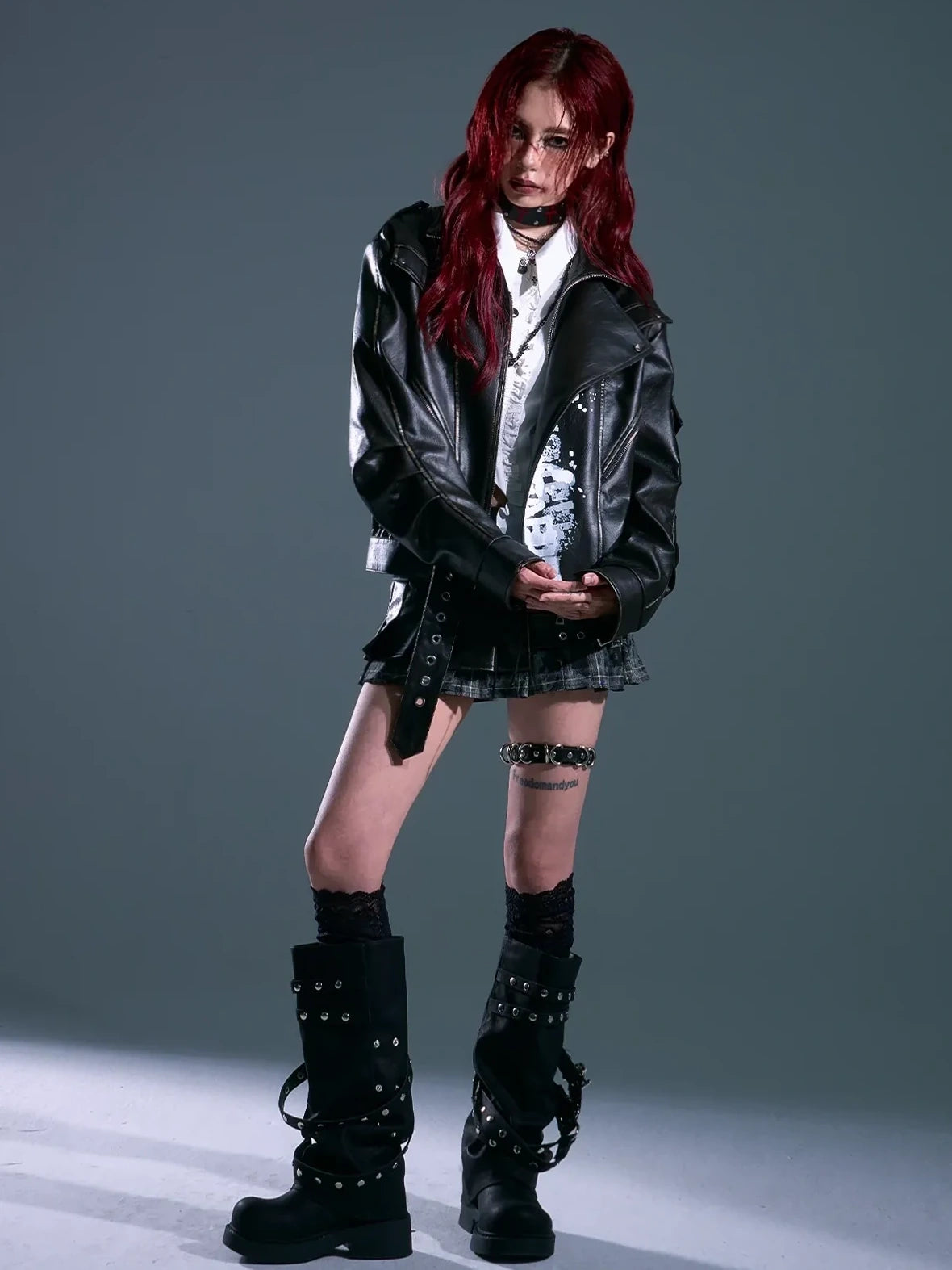 Frustration Garden Vintage Distressed Print Loose Fit Leather Jacket